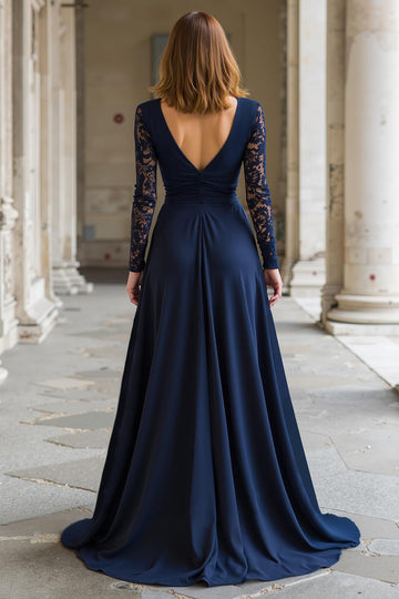 Robe longue mère de la mariée en mousseline de soie à col en V bleu marine avec dentelle